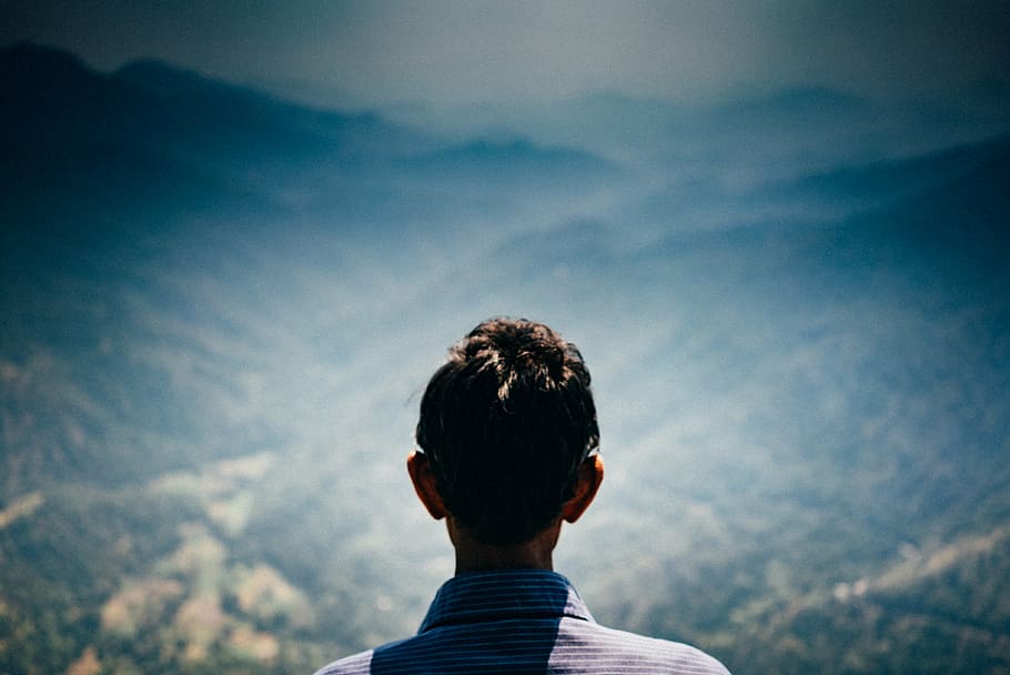 man facing towards trees and mountaints, view, landscape, peak HD wallpaper