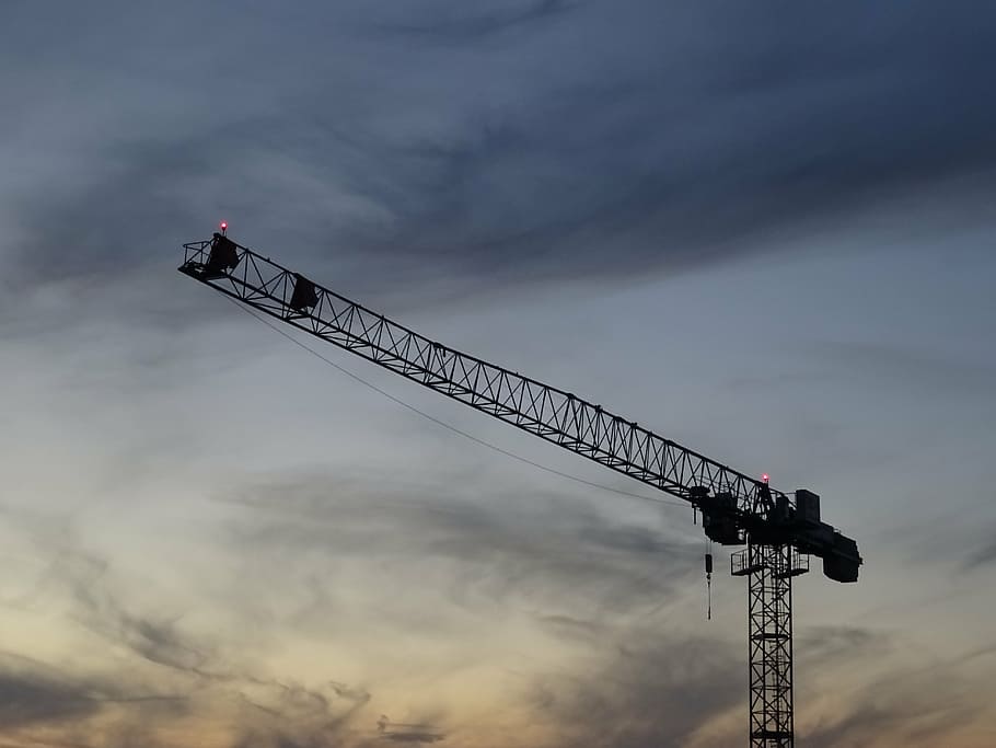 crane, construction, sky, clouds, evening, scaffold, metal HD wallpaper