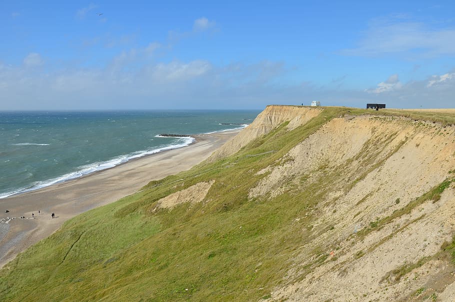 north sea, cliff, denmark, coast, sky, beach, water, nature, HD wallpaper