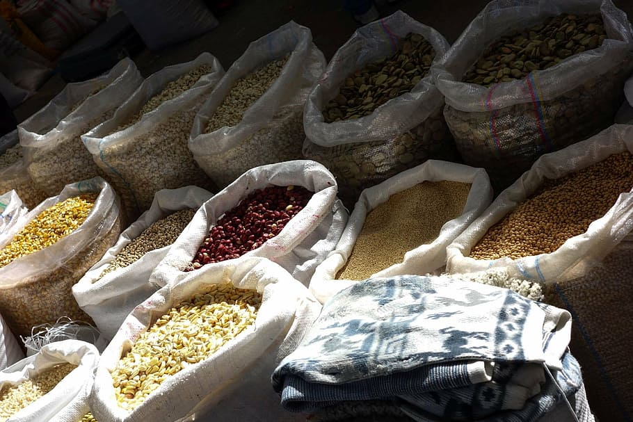 corn, spices, bazaar, market, food, sack, retail, food and drink HD wallpaper