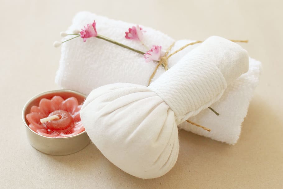 white cushion near towel on top of white surface, Spa, Herbal