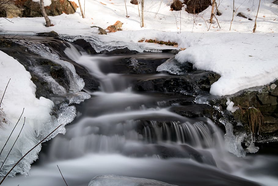cascade, cold, creek, environment, fall, flow, frost, frosty HD wallpaper