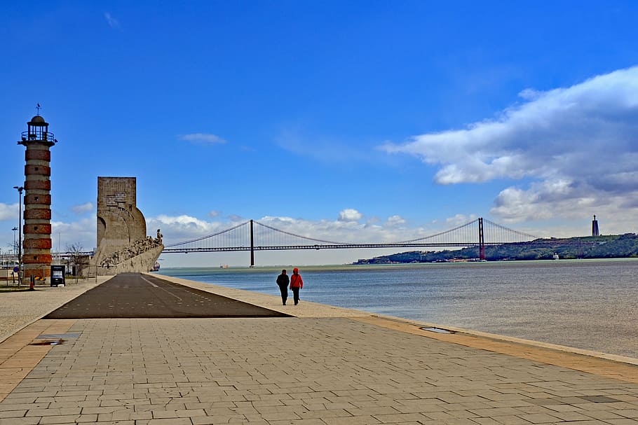 Lisbon, Portugal, Tejo, River, padrão dos descobrimentos, lighthouse, HD wallpaper