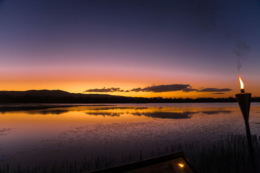 Sunset, Torch, Fire, Lake, abendstimmung, clouds, afterglow HD wallpaper