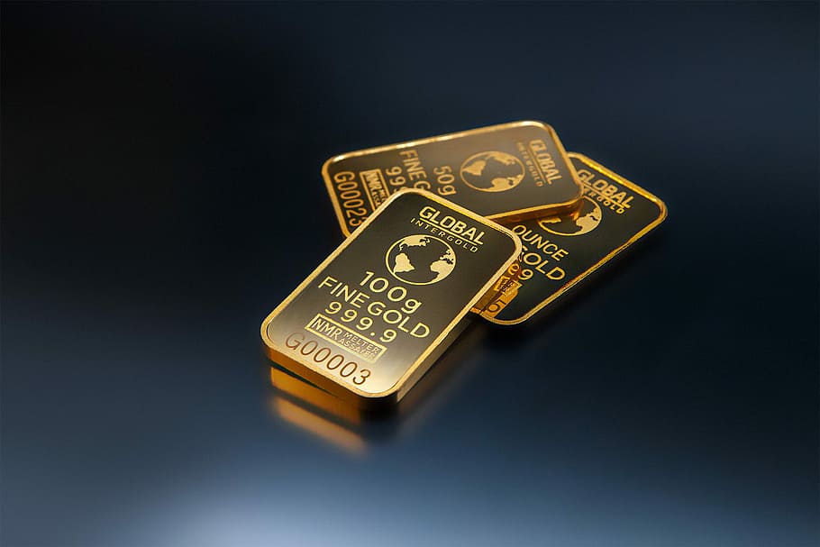 Three Gold Bars against a blue background, business, capital, HD wallpaper