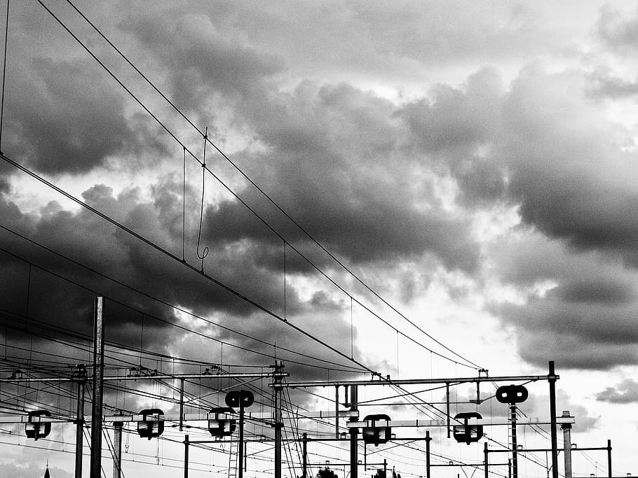 train, wires, clouds, black and white, amsterdam, netherlands HD wallpaper