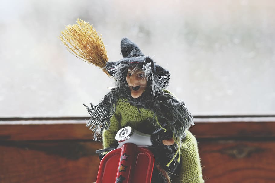 wood, woman, face, costume, broom, scooter, toy, wear, witch