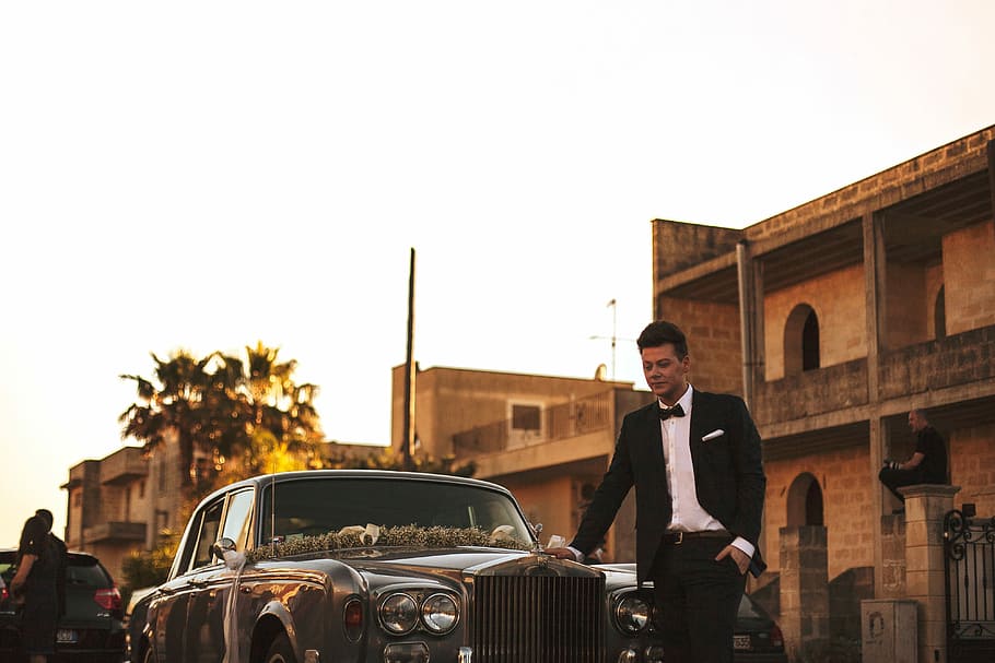man in black coat with car, men, people, outdoors, males, transportation HD wallpaper