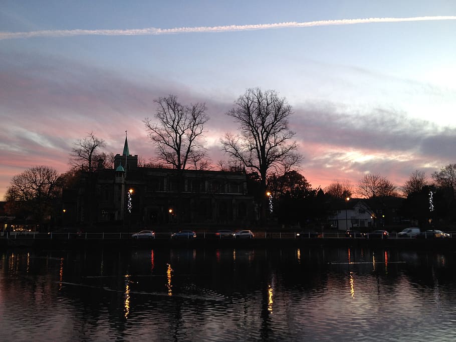 carshalton, sunset, reflection, water, tree, sky, architecture HD wallpaper