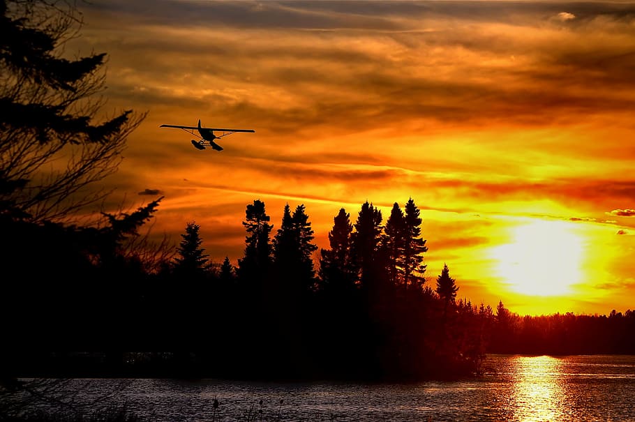 silhouette photography of biplane under golden hour, seaplane HD wallpaper