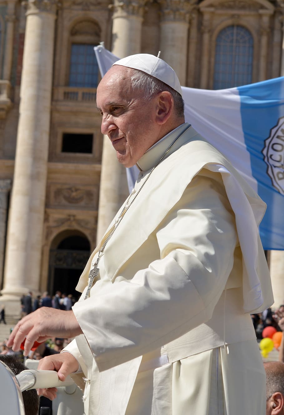 Pope Francis standing near flag, pontiff, catholic, church, holy father