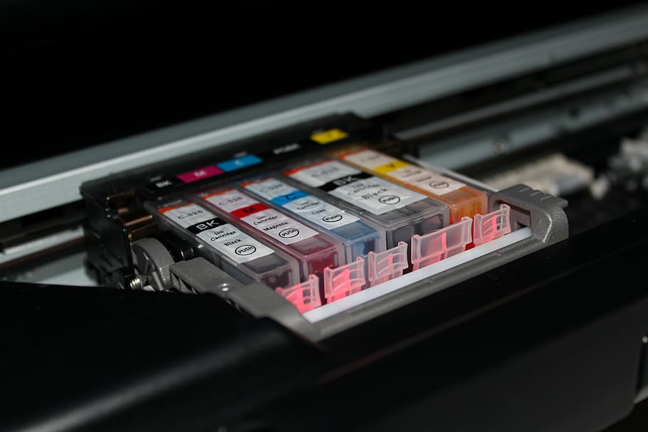 macro shot photography of ink cartridges, cmyk, printer, colors, HD wallpaper
