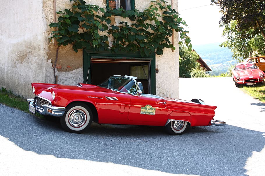 classic red convertible coupe parked beside house, rally, oldtimer HD wallpaper