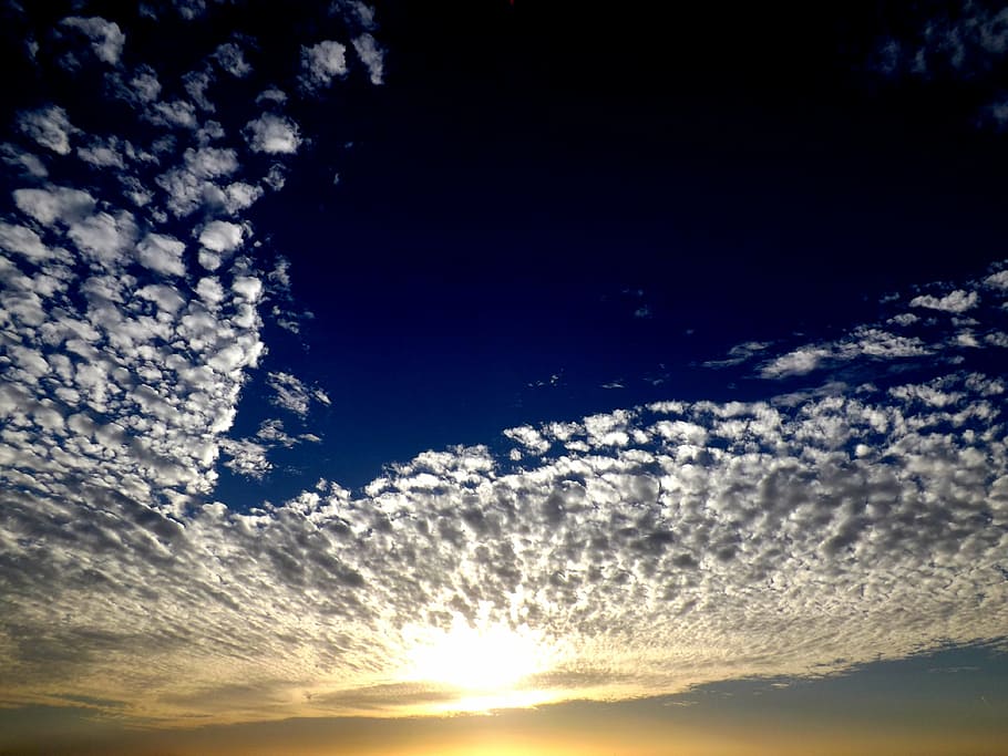 cloud, sky, sunset, white, blue, fluffy, in the evening, nature HD wallpaper