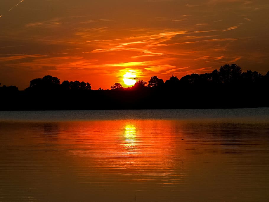 gravel pond, water, lake, landscape, nature, sunset, sky, scenics - nature, HD wallpaper