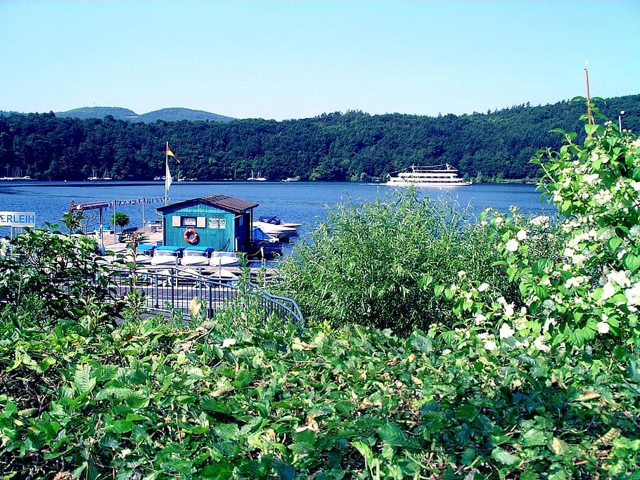 Water, Lake, Ship, Tree, Nature, sky, green, blue, landscape HD wallpaper