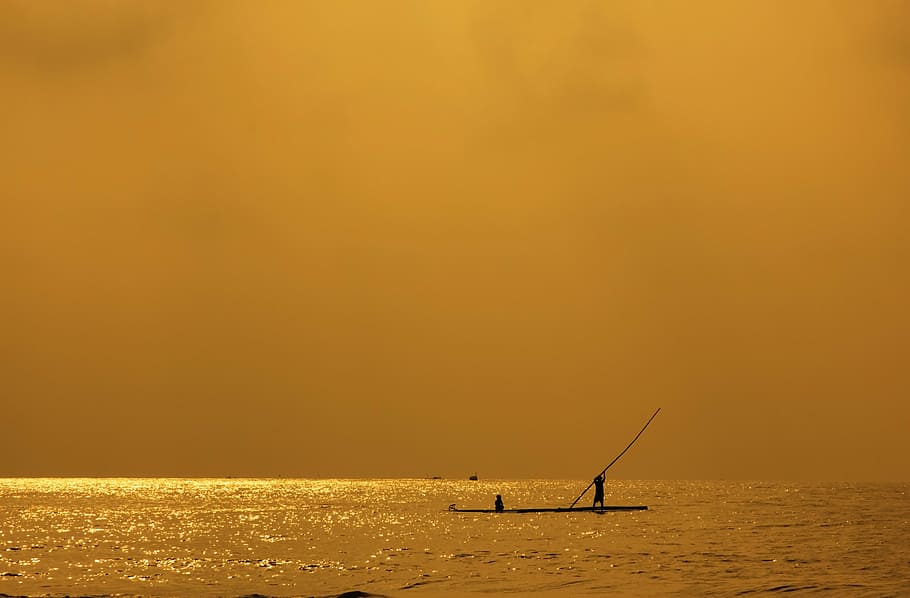 ocean, orange, water, sky, horizon, sea, vietnam, boat, scenery HD wallpaper
