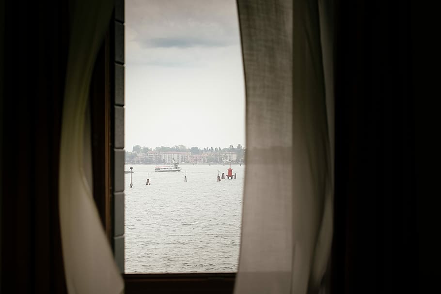 boat traveling during daytime, window view of body of water, curtain HD wallpaper