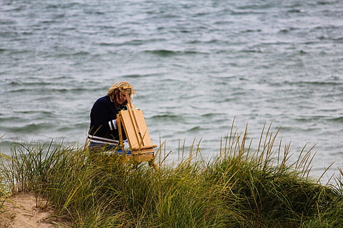 woman standing in front of easel near se, grass, dune, sand HD wallpaper