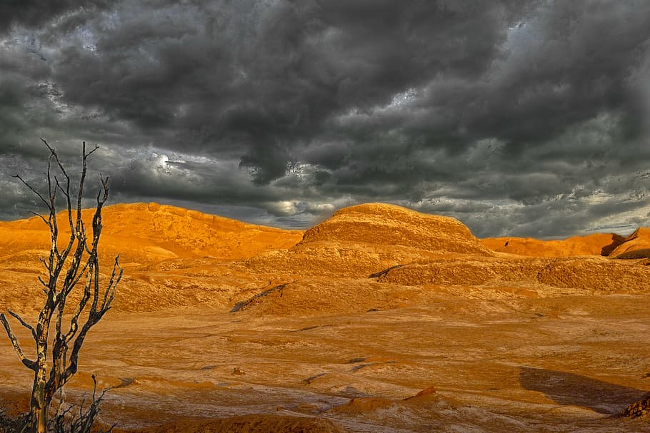 panoramic photography of desert above dark clouds, glowing, sandy, HD wallpaper