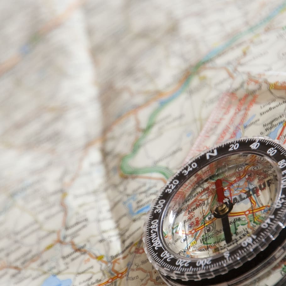 round black compass on map, navigation, north, navigation device HD wallpaper