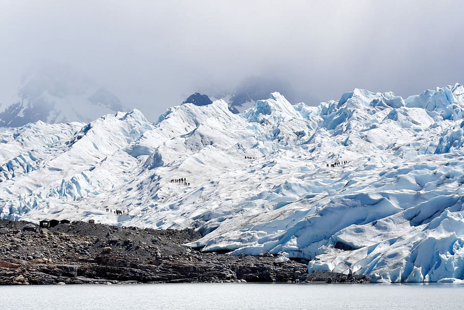 body of water with background of mountain covered with snow, landscape photography of white snow glaciers, HD wallpaper