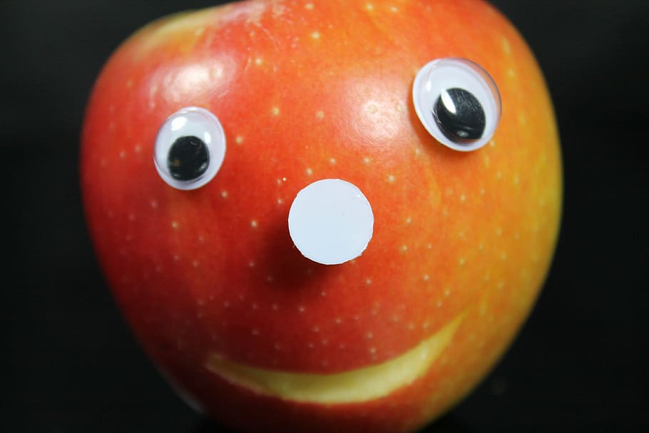 apple, face, eyes, nose, fruit, figures, bite, bite off, cheerful HD wallpaper