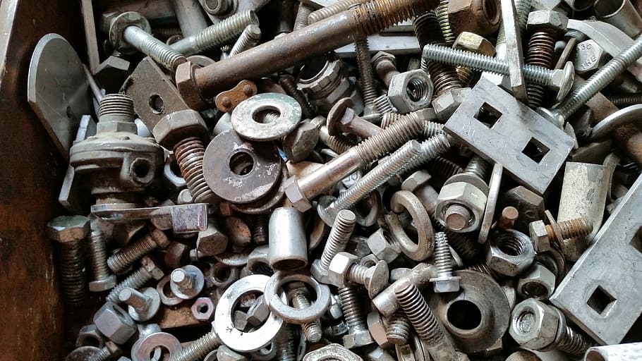 gray steel nut and bolt lot, nuts, bolts, metal, construction, HD wallpaper