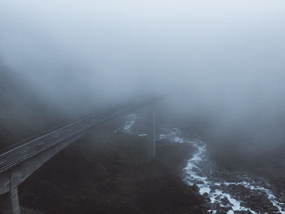 road, water, weather, dark, architecture, bridge, fog, foggy HD wallpaper