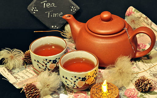 closeup photo of brown teapot with teacup with teas, tee, drink HD wallpaper