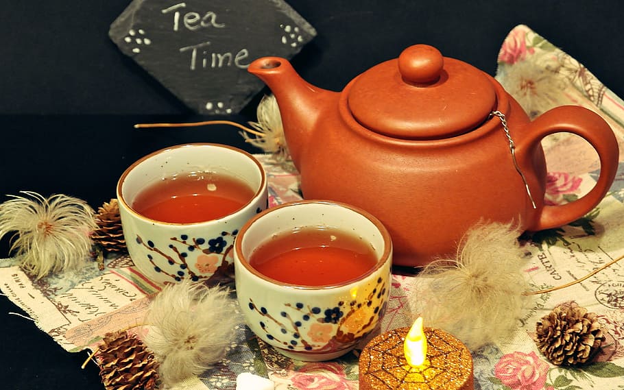 closeup photo of brown teapot with teacup with teas, tee, drink HD wallpaper
