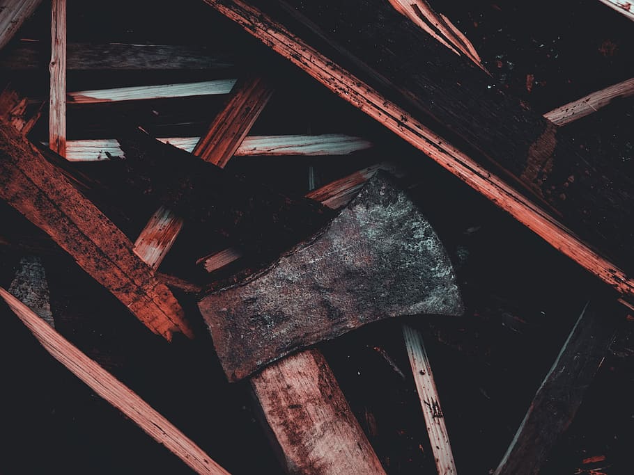 axe on wooden table, brown handled axe, splinter, plank, log HD wallpaper