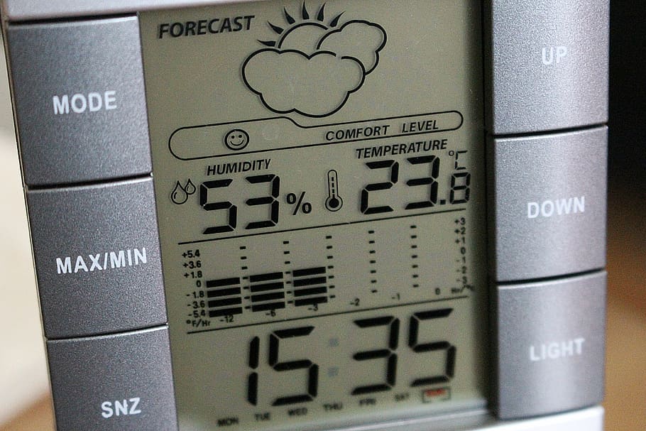 gray digital electronic device on brown surface, weather station HD wallpaper