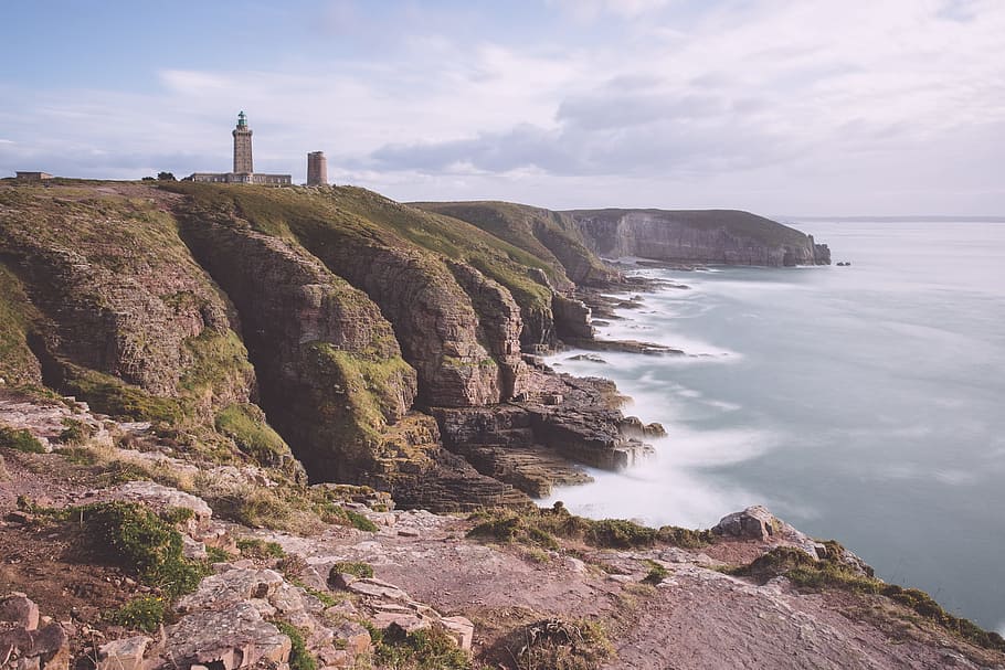 lighthouse near body of water, Coast, Sea, Rock, Brittany, landmark, HD wallpaper