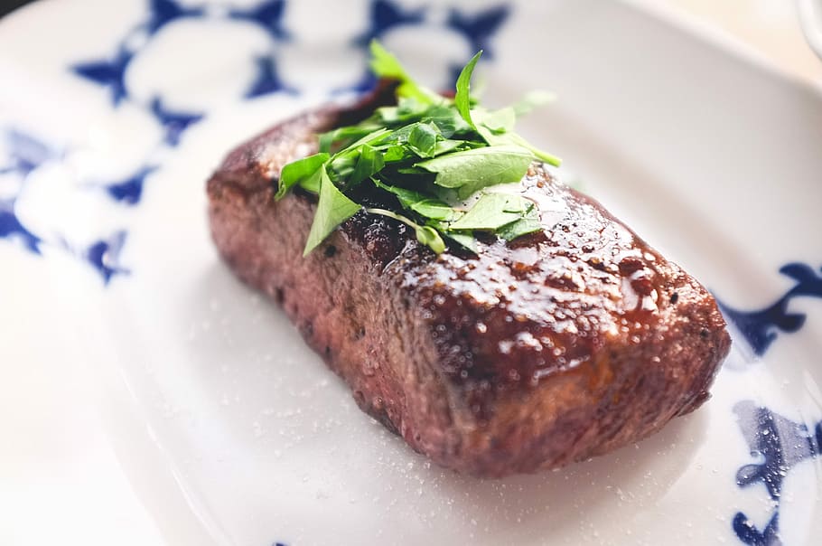 Beef steak with herb and salt close up, eating out, meat, recipe, HD wallpaper