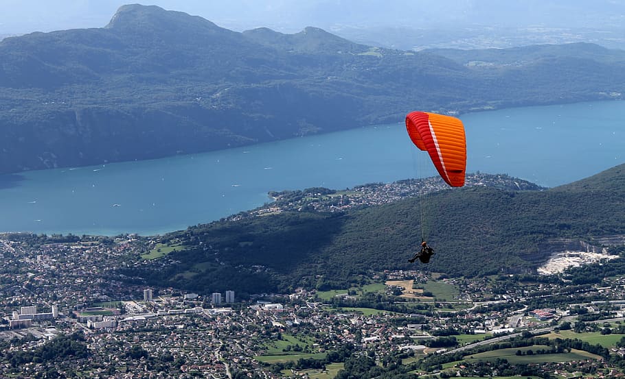 Paragliding, Lac Du Bourget, Mountains, nature, day, flying HD wallpaper