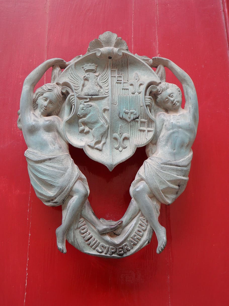 doorknocker, coat of arms, muses, women, decoration, metal, HD wallpaper