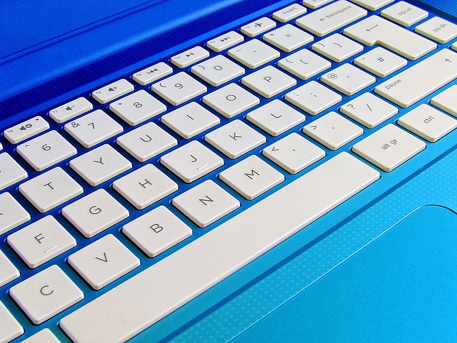white and blue laptop computer, laptop keyboard, computer keyboard HD wallpaper