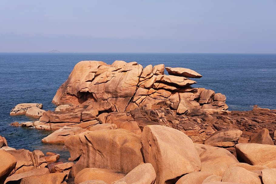 brittany, sea, roche, view, landscape, rock - object, rock formation HD wallpaper