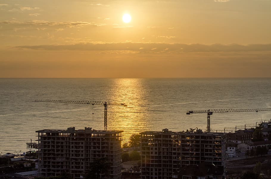 construction, nature, sunset, calm, sky, orange sky, russia HD wallpaper