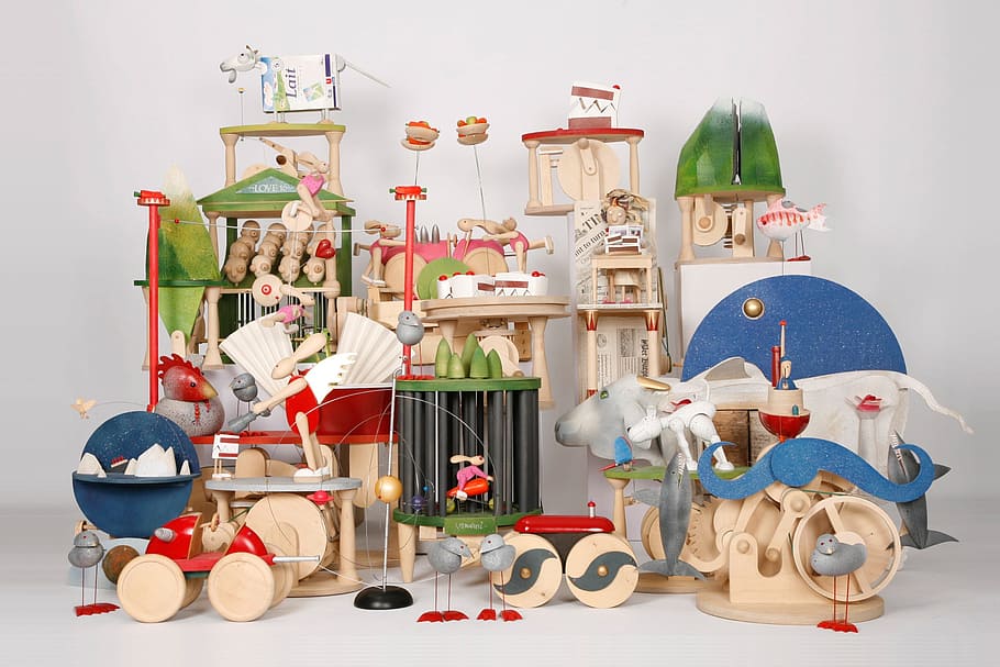 brown and blue wooden toy set, machines, nonentities, bird HD wallpaper
