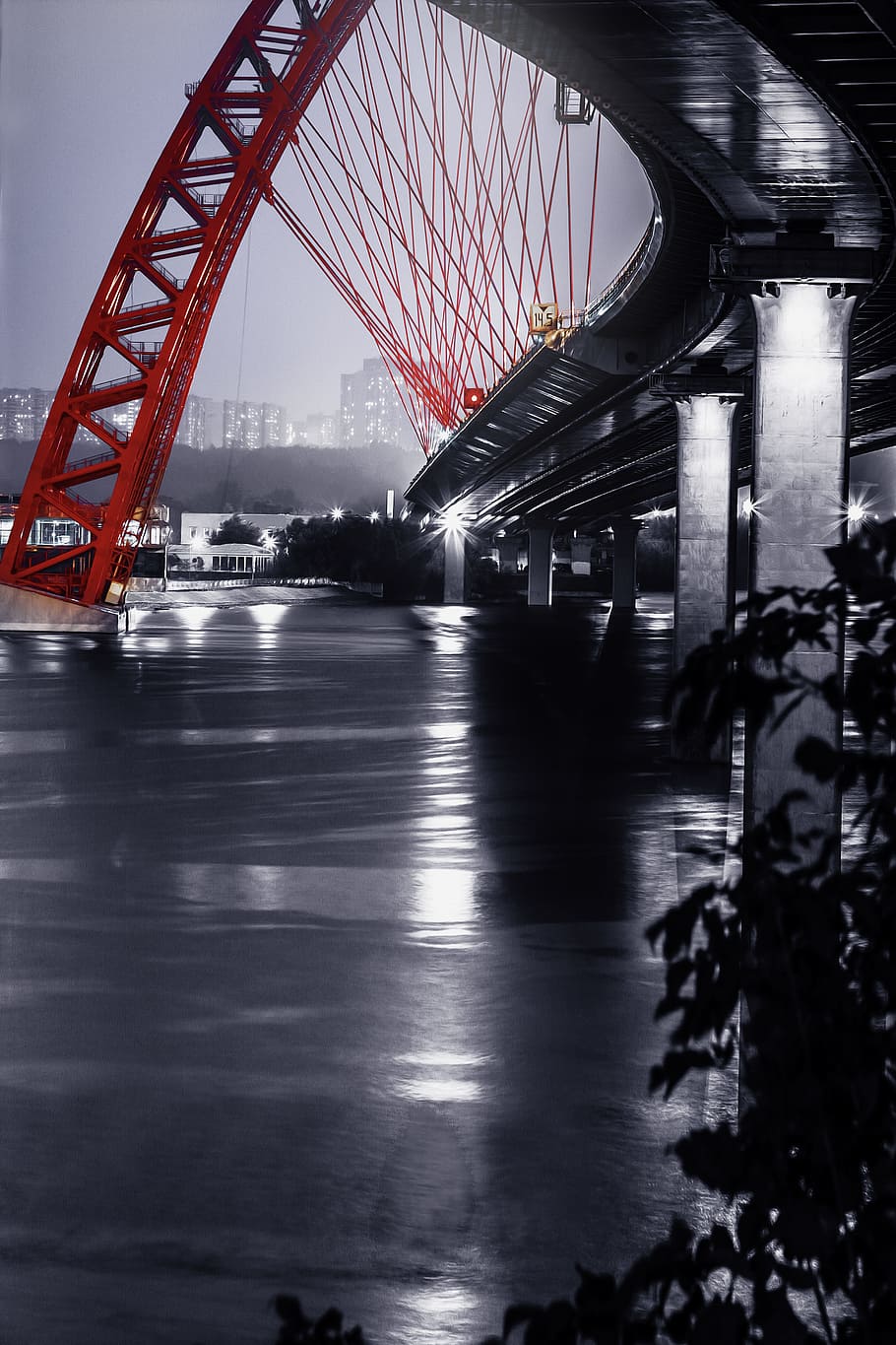 selective color photography of metal suspension bridge over calm river, HD wallpaper