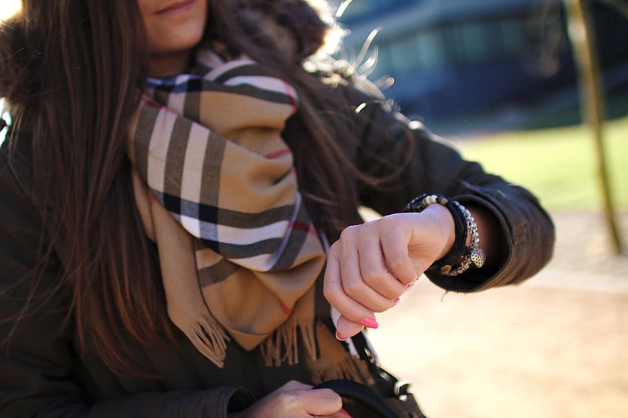 woman with brown plaid scarf, watch, time, bracelet, hand, young, HD wallpaper