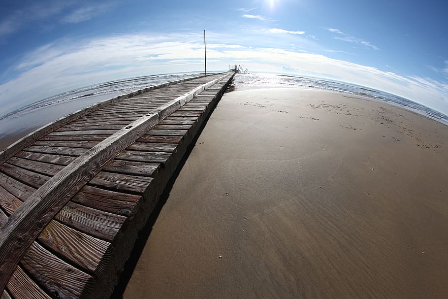 sea, landscape, nature, sky, beach, daylight, dock, fish eye HD wallpaper