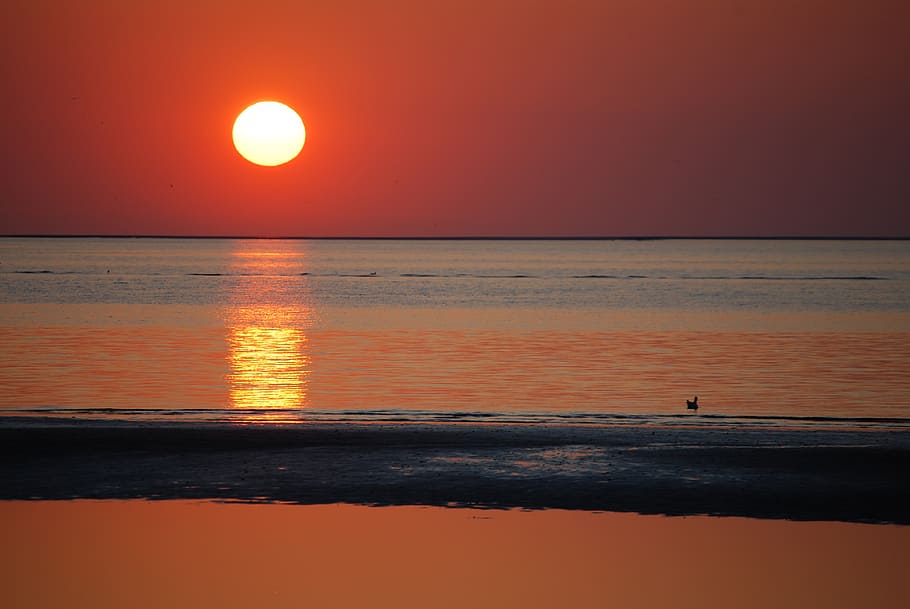 sunset, mood, afterglow, sky, sea, water, mirroring, evening sky HD wallpaper