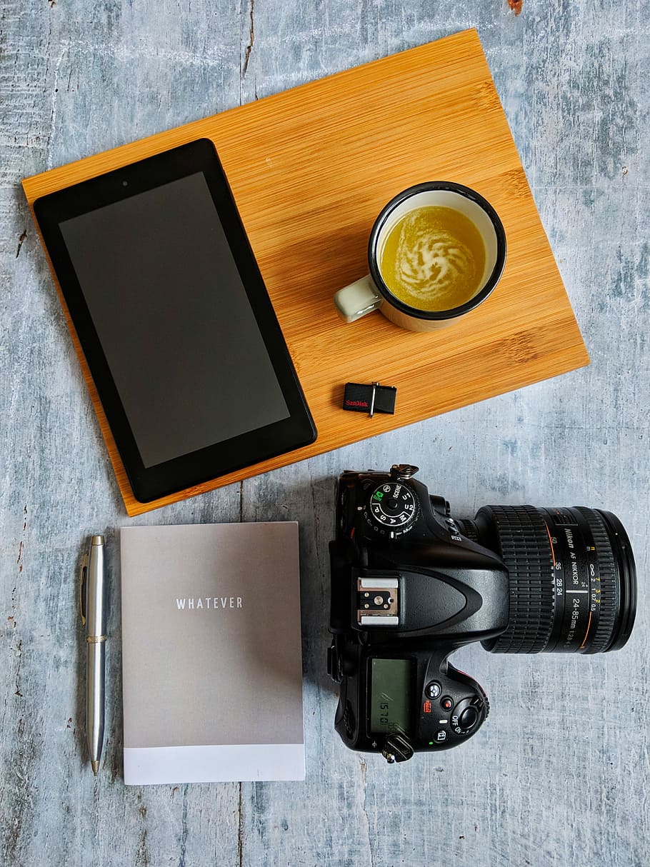 DSLR camera beside mug and tablet, flat lay, coffee, ipad, technology HD wallpaper