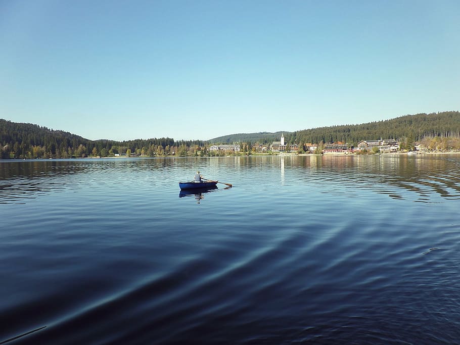 lake, rower, water, rowing, waters, nature, mood, wave, titisee HD wallpaper