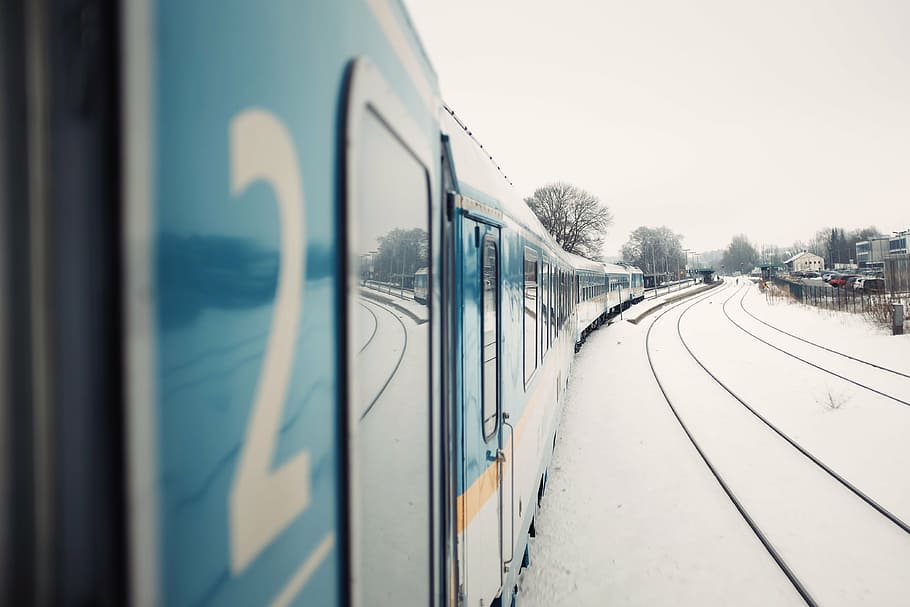 selective focus photography of green train during winter, transportation HD wallpaper