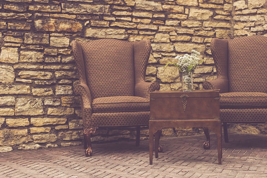 two brown wing chairs near wall and table, vase, flowers, bouquet HD wallpaper