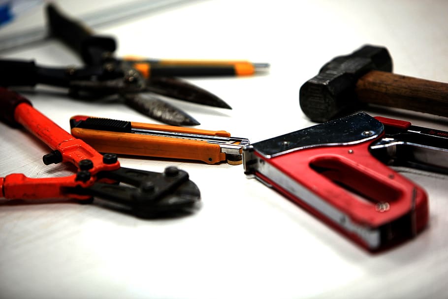 bolt cutter, staple gun, and box cutter on white surface, tools HD wallpaper